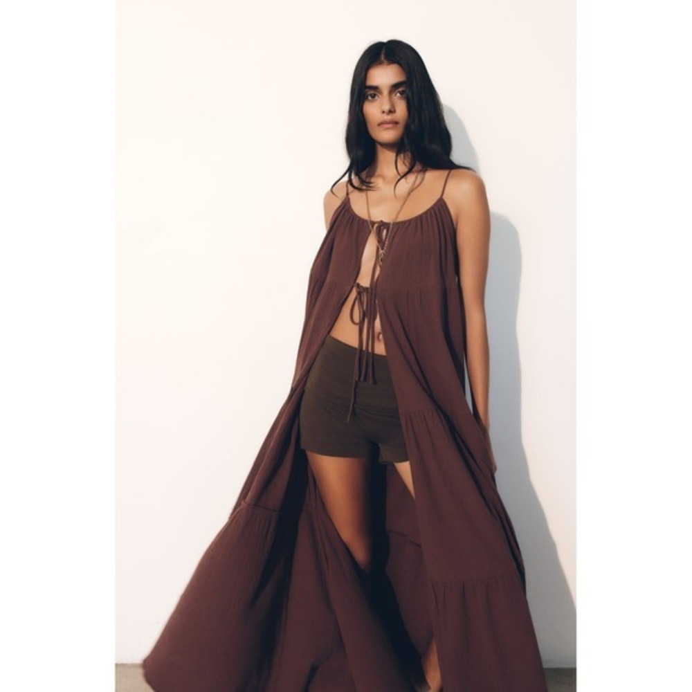 MESHKI Lenny Cotton Tie Top Maxi Dress Chocolate Small New With Tags
